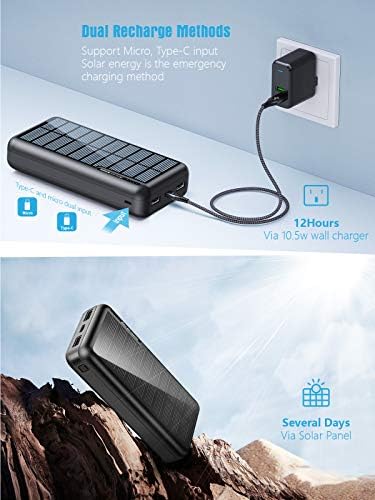 MINRISE Hordozható Töltő 30000mAh, Power Bank Napelemes Töltő 2 USB Kimenettel, valamint USB-C (Bemenet), Külső Akkumulátor