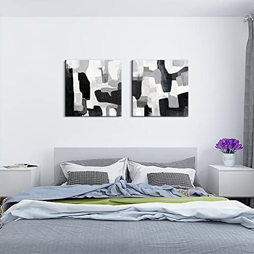 Pigort Fekete-Fehér Absztrakt Kézzel Festett Fal Art Dekor - 2 darabos Készlet, Szürke Dekoratív Keretben Fekete-Fehér