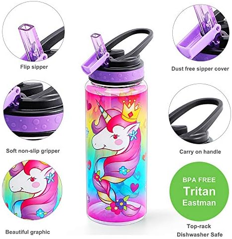 HomTune Aranyos Víz Üveg Szalmával Gyerekeknek Lányok, BPA MENTES Tritan & szivárgásmentes & Easy Clean & Fogantyú,